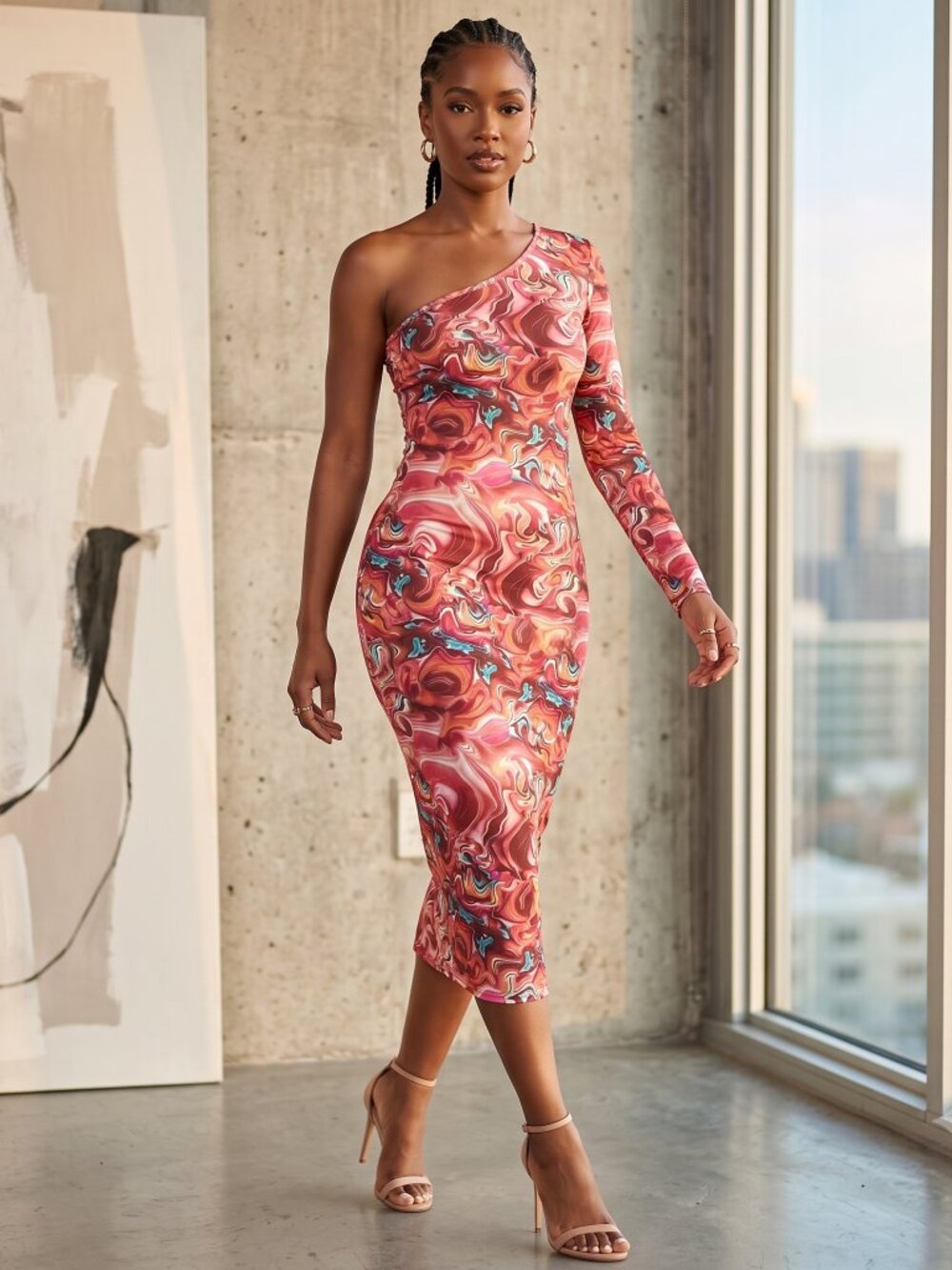 Women’s multicolor sexy stretchy dress one shoulder size large